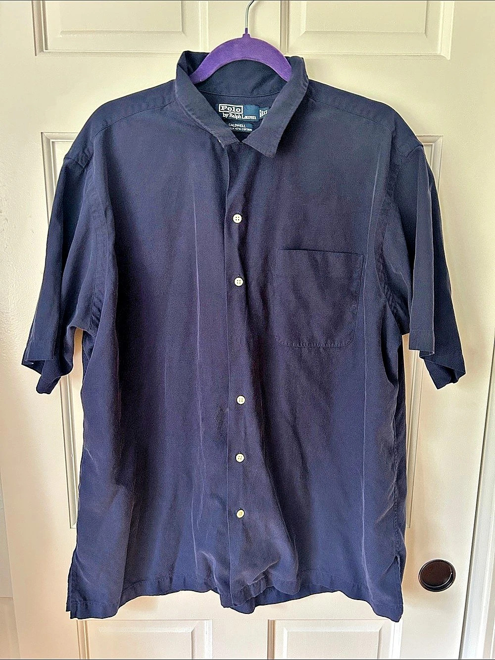 Vintage Polo by Ralph Lauren Caldwell Silk Cotton Short Sleeve Shirt in Navy XL